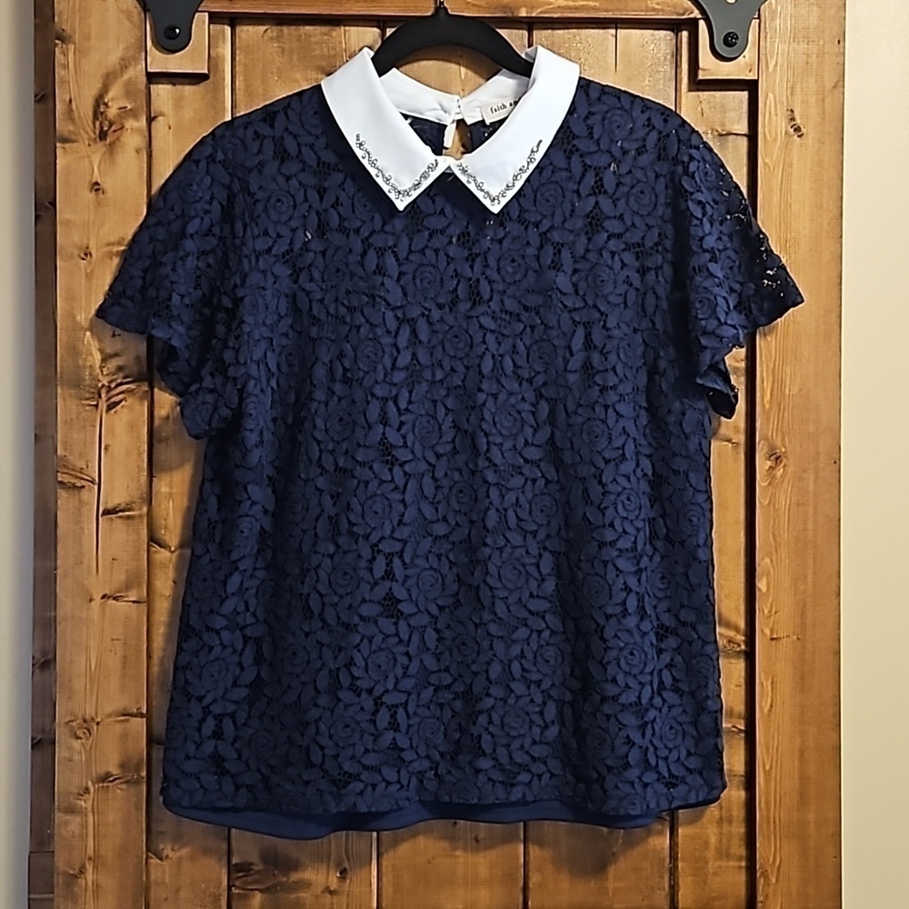 Faith Joy Navy Floral Lace Jeweled Collar Top L